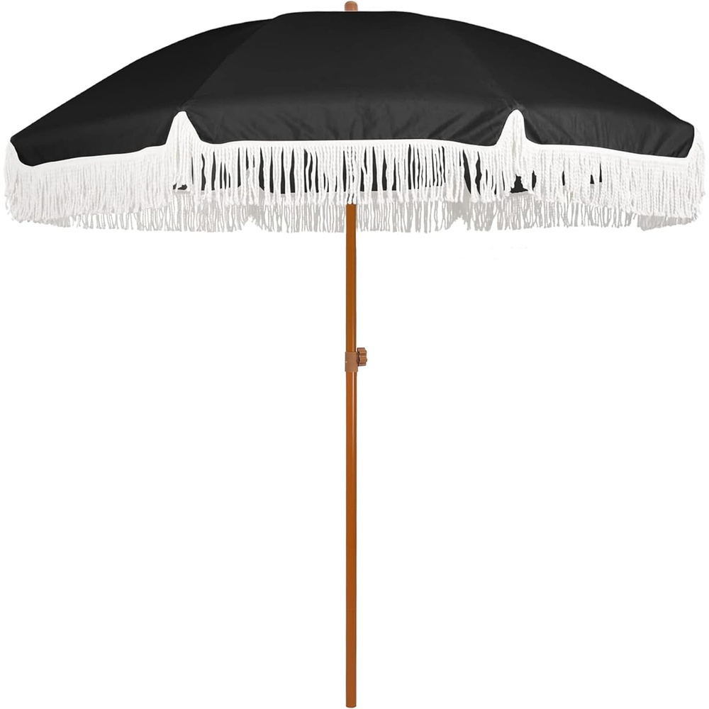 image:imageAMMSUN 7ft Patio Umbrella with Fringe Outdoor Tassel Umbrella UPF50 Premium Steel Pole and Steel Ribs Push Button Tilt BlackNoble Black