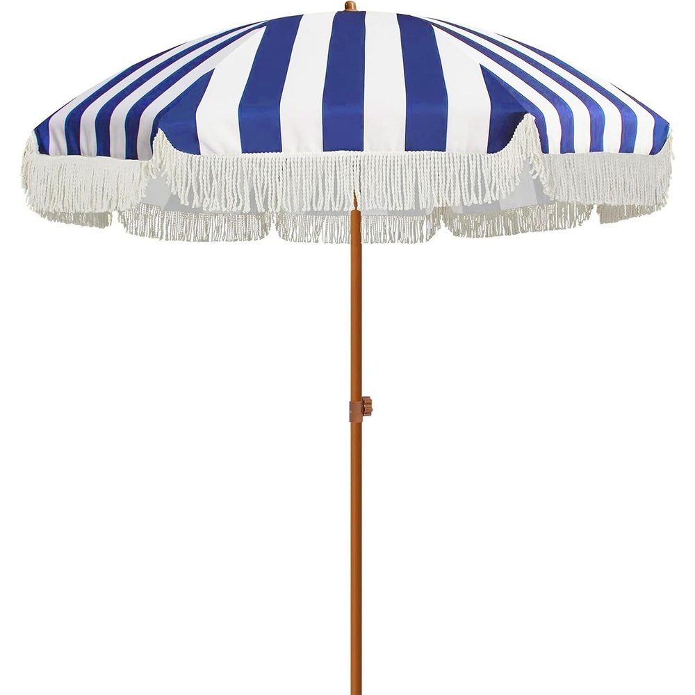 image:imageAMMSUN 7ft Patio Umbrella with Fringe Outdoor Tassel Umbrella UPF50 Premium Steel Pole and Steel Ribs Push Button Tilt BlackSailor Jentle Blue