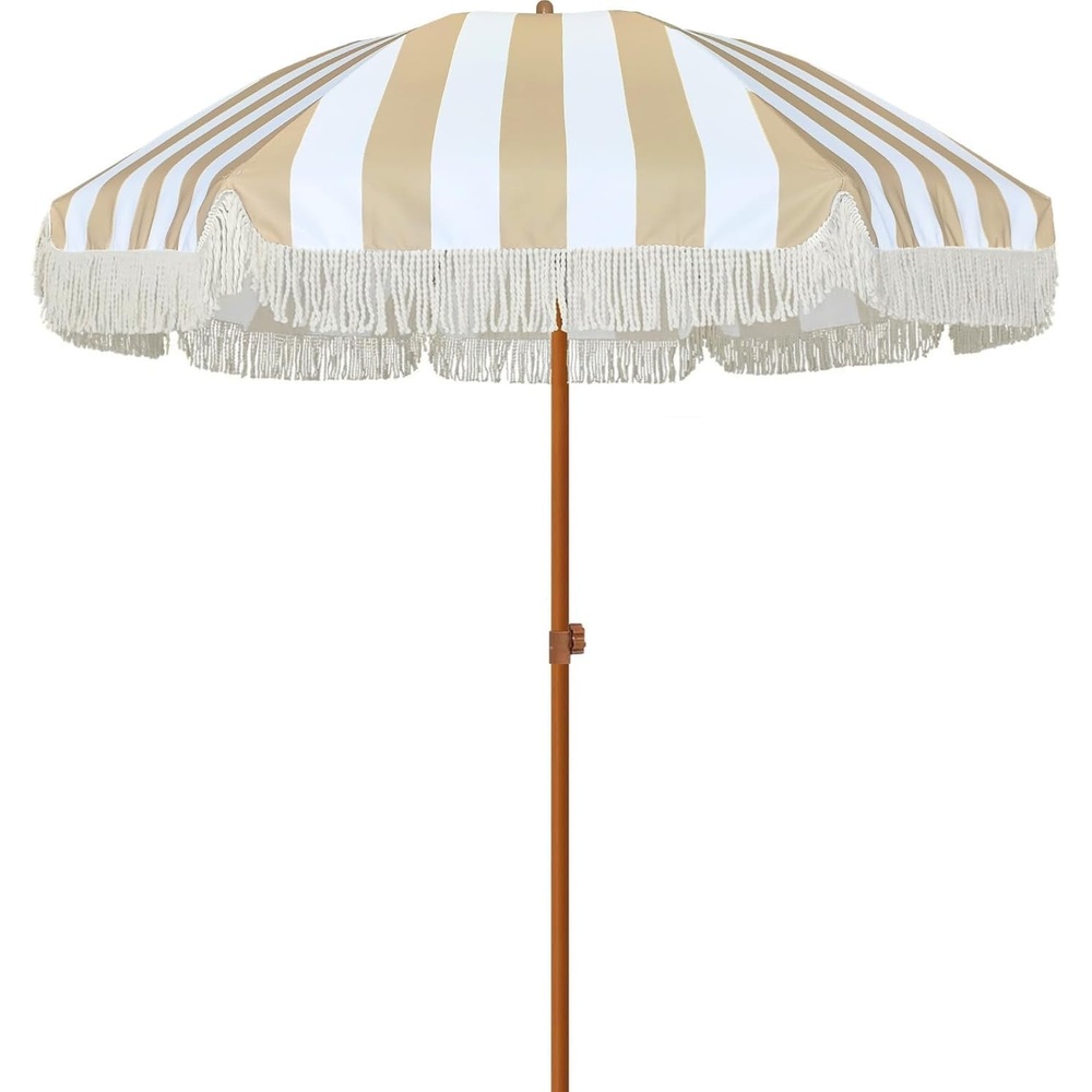 image:imageAMMSUN 7ft Patio Umbrella with Fringe Outdoor Tassel Umbrella UPF50 Premium Steel Pole and Steel Ribs Push Button Tilt BlackStripe Beige