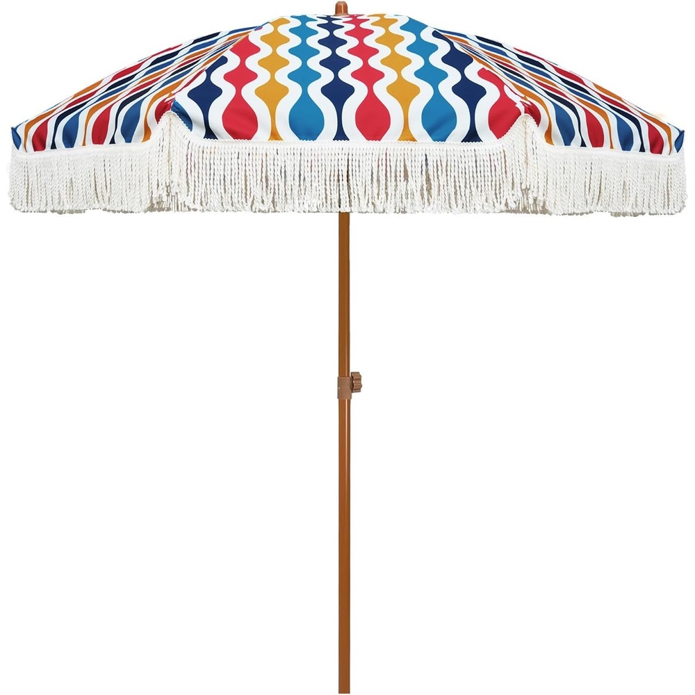 image:imageAMMSUN 7ft Patio Umbrella with Fringe Outdoor Tassel Umbrella UPF50 Premium Steel Pole and Steel Ribs Push Button Tilt BlackWave Colorful