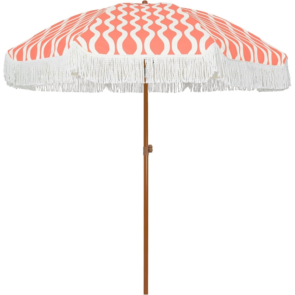 image:imageAMMSUN 7ft Patio Umbrella with Fringe Outdoor Tassel Umbrella UPF50 Premium Steel Pole and Steel Ribs Push Button Tilt BlackWave Pink Champagne
