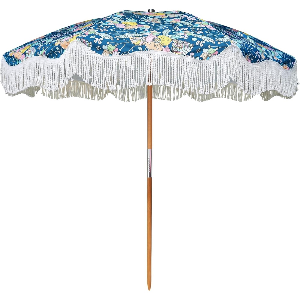 image:imageAMMSUN Beach Umbrella with Fringe 65ft Boho Umbrella with Premium Wood Pole amp Carry Bag UPF 50 Protection for Outdoor Holiday Green PlaidFlowers