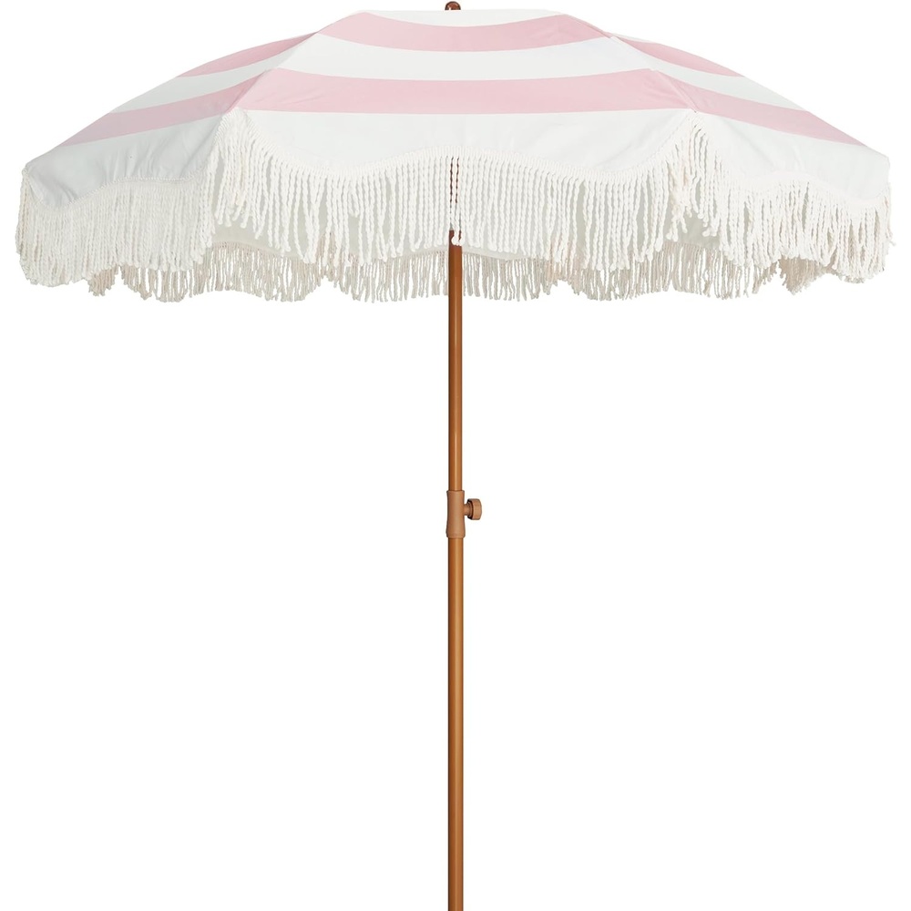 image:imageAMMSUN Boho Fringe Umbrella 65ft Outdoor Umbrella with Tassel Boho Chic Style UPF 50 Sun Protection Steel Pole Push Button Tilt Easy to Set Up for Party Picnic Beach Green StripePink Stripes