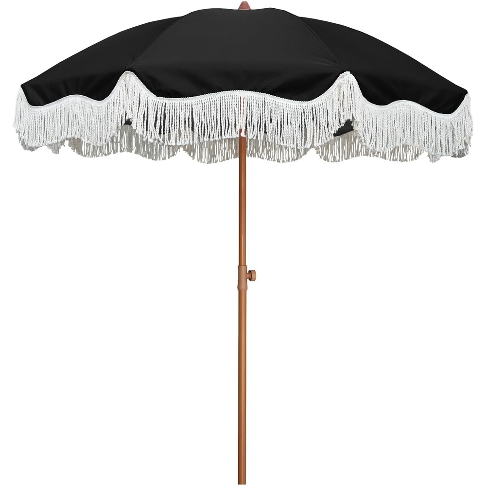 image:imageAMMSUN Boho Fringe Umbrella 65ft Outdoor Umbrella with Tassel  Boho Chic Style UPF 50 Sun Protection Steel Pole Push Button Tilt Easy to Set Up for Party Picnic Beach Green StripeNoble Black