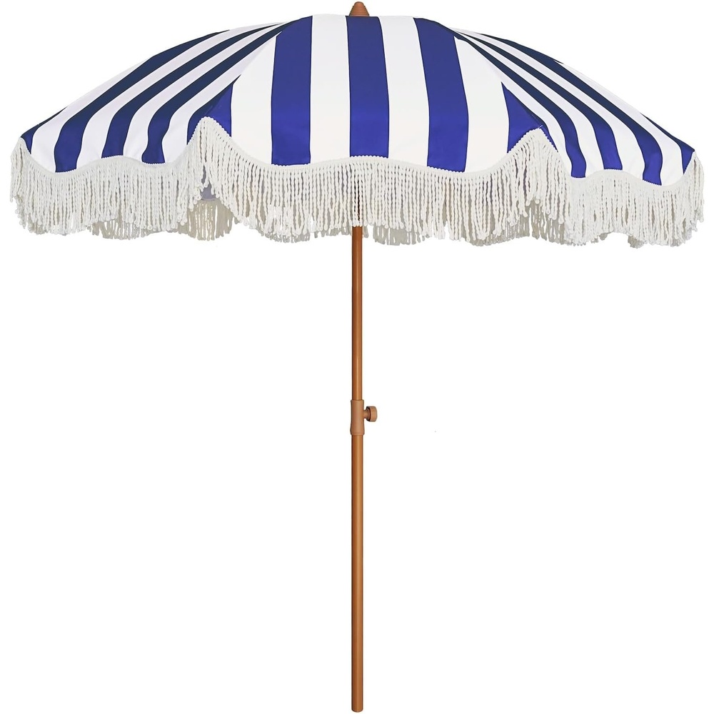 image:imageAMMSUN Boho Fringe Umbrella 65ft Outdoor Umbrella with Tassel  Boho Chic Style UPF 50 Sun Protection Steel Pole Push Button Tilt Easy to Set Up for Party Picnic Beach Green StripeNavy Stripe