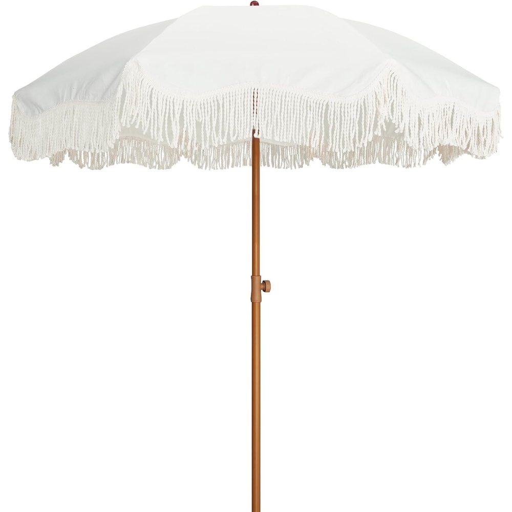 image:imageAMMSUN Boho Fringe Umbrella 65ft Outdoor Umbrella with Tassel Boho Chic Style UPF 50 Sun Protection Steel Pole Push Button Tilt Easy to Set Up for Party Picnic Beach Green StripeAntique White