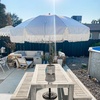 AMMSUN 7ft Patio Umbrella with Fringe Outdoor Tassel Umbrella UPF50+ Premium Steel Pole and Steel Ribs Push Button Tilt, Black(Navy Blue Stripes)