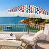 AMMSUN 7ft Patio Umbrella with Fringe Outdoor Tassel Umbrella UPF50+ Premium Steel Pole and Steel Ribs Push Button Tilt, Black(Wave Colorful)