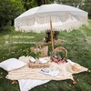 AMMSUN Boho Fringe Umbrella, 6.5ft Outdoor Umbrella with Tassel | Boho Chic Style, UPF 50+ Sun Protection, Steel Pole, Push Button Tilt, Easy to Set Up, for Party Picnic Beach, Green Stripe(Antique White)