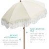 AMMSUN Boho Fringe Umbrella, 6.5ft Outdoor Umbrella with Tassel | Boho Chic Style, UPF 50+ Sun Protection, Steel Pole, Push Button Tilt, Easy to Set Up, for Party Picnic Beach, Green Stripe(Light Beige)