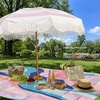 AMMSUN Boho Fringe Umbrella, 6.5ft Outdoor Umbrella with Tassel | Boho Chic Style, UPF 50+ Sun Protection, Steel Pole, Push Button Tilt, Easy to Set Up, for Party Picnic Beach, Green Stripe(Stripes Pink)