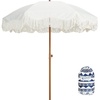 AMMSUN Boho Fringe Umbrella, 6.5ft Outdoor Umbrella with Tassel | Boho Chic Style, UPF 50+ Sun Protection, Steel Pole, Push Button Tilt, Easy to Set Up, for Party Picnic Beach, Green Stripe(Elegant White)