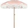 AMMSUN Boho Fringe Umbrella, 6.5ft Outdoor Umbrella with Tassel | Boho Chic Style, UPF 50+ Sun Protection, Steel Pole, Push Button Tilt, Easy to Set Up, for Party Picnic Beach, Green Stripe(Rose Stripe)