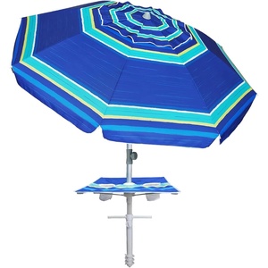 AMMSUN 7ft Heavy Duty High Wind Beach Umbrella with sand anchor, Built-in Table Tray Vent Tilt Pole, UPF 50+ Windproof Portable Outdoor Umbrellas Carry Bag for Patio Garden Pool Backyard stripe(Blue)