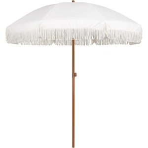AMMSUN 7ft Patio Umbrella with Fringe Outdoor Tassel Umbrella UPF50+ Premium Steel Pole and Steel Ribs Push Button Tilt, Black(Cream White)