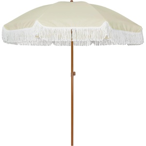 AMMSUN 7ft Patio Umbrella with Fringe Outdoor Tassel Umbrella UPF50+ Premium Steel Pole and Steel Ribs Push Button Tilt, Black(Light Beige)