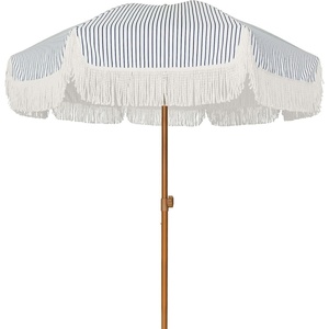 AMMSUN 7ft Patio Umbrella with Fringe Outdoor Tassel Umbrella UPF50+ Premium Steel Pole and Steel Ribs Push Button Tilt, Black(Navy Blue Stripes)