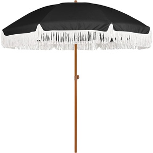 AMMSUN 7ft Patio Umbrella with Fringe Outdoor Tassel Umbrella UPF50+ Premium Steel Pole and Steel Ribs Push Button Tilt, Black(Noble Black)