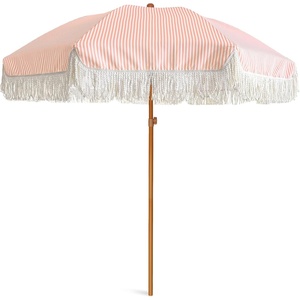 AMMSUN 7ft Patio Umbrella with Fringe Outdoor Tassel Umbrella UPF50+ Premium Steel Pole and Steel Ribs Push Button Tilt, Black(Pink Stripe)