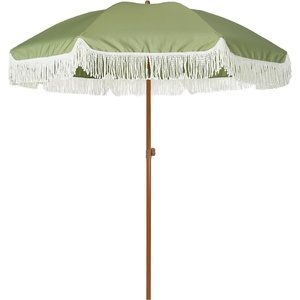 AMMSUN 7ft Patio Umbrella with Fringe Outdoor Tassel Umbrella UPF50+ Premium Steel Pole and Steel Ribs Push Button Tilt, Black(Sage Green)