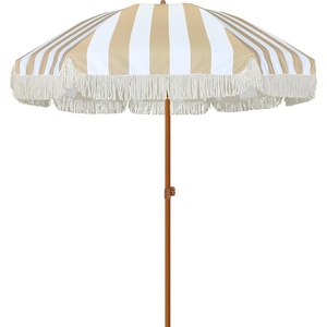 AMMSUN 7ft Patio Umbrella with Fringe Outdoor Tassel Umbrella UPF50+ Premium Steel Pole and Steel Ribs Push Button Tilt, Black(Stripe Beige)