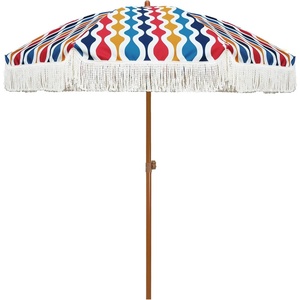 AMMSUN 7ft Patio Umbrella with Fringe Outdoor Tassel Umbrella UPF50+ Premium Steel Pole and Steel Ribs Push Button Tilt, Black(Wave Colorful)