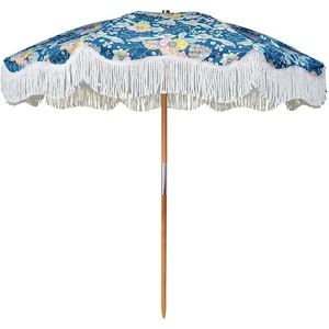 AMMSUN Beach Umbrella with Fringe, 6.5ft Boho Umbrella with Premium Wood Pole & Carry Bag, UPF 50+ Protection for Outdoor Holiday, Green Plaid(Flowers)