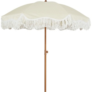 AMMSUN Boho Fringe Umbrella, 6.5ft Outdoor Umbrella with Tassel | Boho Chic Style, UPF 50+ Sun Protection, Steel Pole, Push Button Tilt, Easy to Set Up, for Party Picnic Beach, Green Stripe(Light Beige)