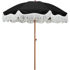 AMMSUN Boho Fringe Umbrella, 6.5ft Outdoor Umbrella with Tassel | Boho Chic Style, UPF 50+ Sun Protection, Steel Pole, Push Button Tilt, Easy to Set Up, for Party Picnic Beach, Green Stripe(Noble Black)
