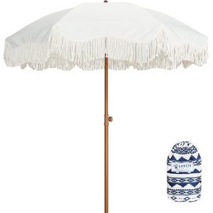 AMMSUN Boho Fringe Umbrella, 6.5ft Outdoor Umbrella with Tassel | Boho Chic Style, UPF 50+ Sun Protection, Steel Pole, Push Button Tilt, Easy to Set Up, for Party Picnic Beach, Green Stripe(Elegant White)