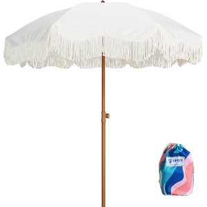 AMMSUN Boho Fringe Umbrella, 6.5ft Outdoor Umbrella with Tassel | Boho Chic Style, UPF 50+ Sun Protection, Steel Pole, Push Button Tilt, Easy to Set Up, for Party Picnic Beach, Green Stripe(White)