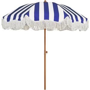 AMMSUN Boho Fringe Umbrella, 6.5ft Outdoor Umbrella with Tassel | Boho Chic Style, UPF 50+ Sun Protection, Steel Pole, Push Button Tilt, Easy to Set Up, for Party Picnic Beach, Green Stripe(Navy Stripe)