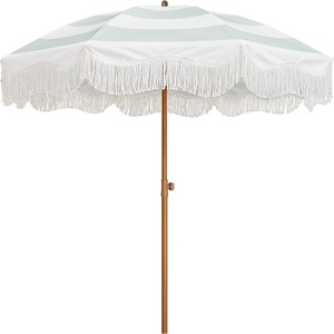 AMMSUN Boho Fringe Umbrella, 6.5ft Outdoor Umbrella with Tassel | Boho Chic Style, UPF 50+ Sun Protection, Steel Pole, Push Button Tilt, Easy to Set Up, for Party Picnic Beach, Green Stripe(Green Stripe)