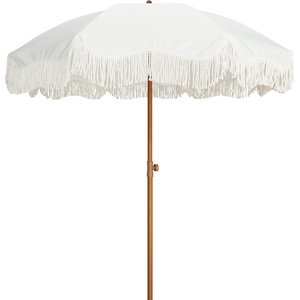 AMMSUN Boho Fringe Umbrella, 6.5ft Outdoor Umbrella with Tassel | Boho Chic Style, UPF 50+ Sun Protection, Steel Pole, Push Button Tilt, Easy to Set Up, for Party Picnic Beach, Green Stripe(Antique White)