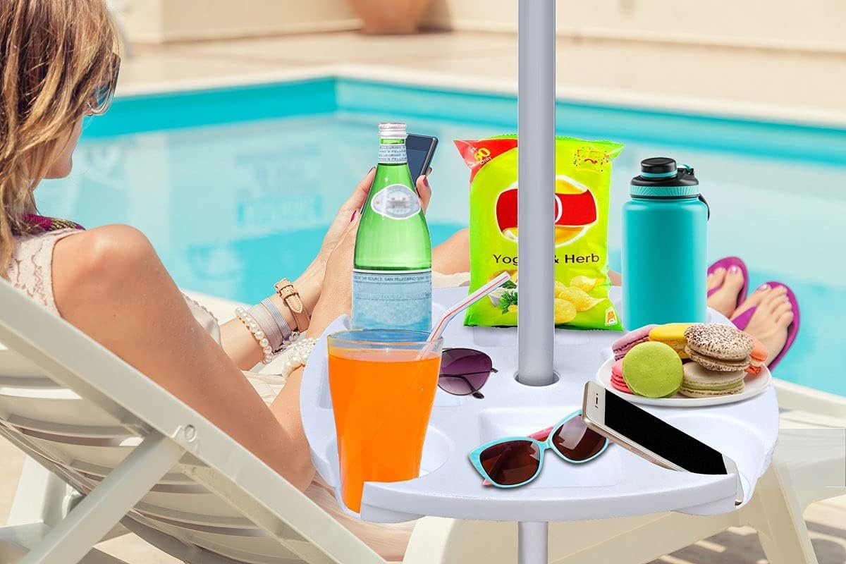 image:imageAMMSUN 17 Portable Beach Umbrella Table Tray Attachment White with 4 Cup Drinks Holders 4 Snack Compartments for Beach Patio Garden Swimming Pool 17 Inch