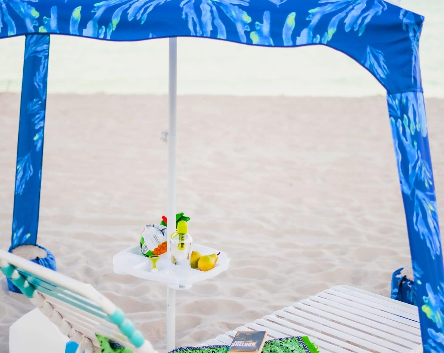 image:imageAMMSUN 17 Portable Beach Umbrella Table Tray Attachment White with 4 Cup Drinks Holders 4 Snack Compartments for Beach Patio Garden Swimming Pool 17 Inch