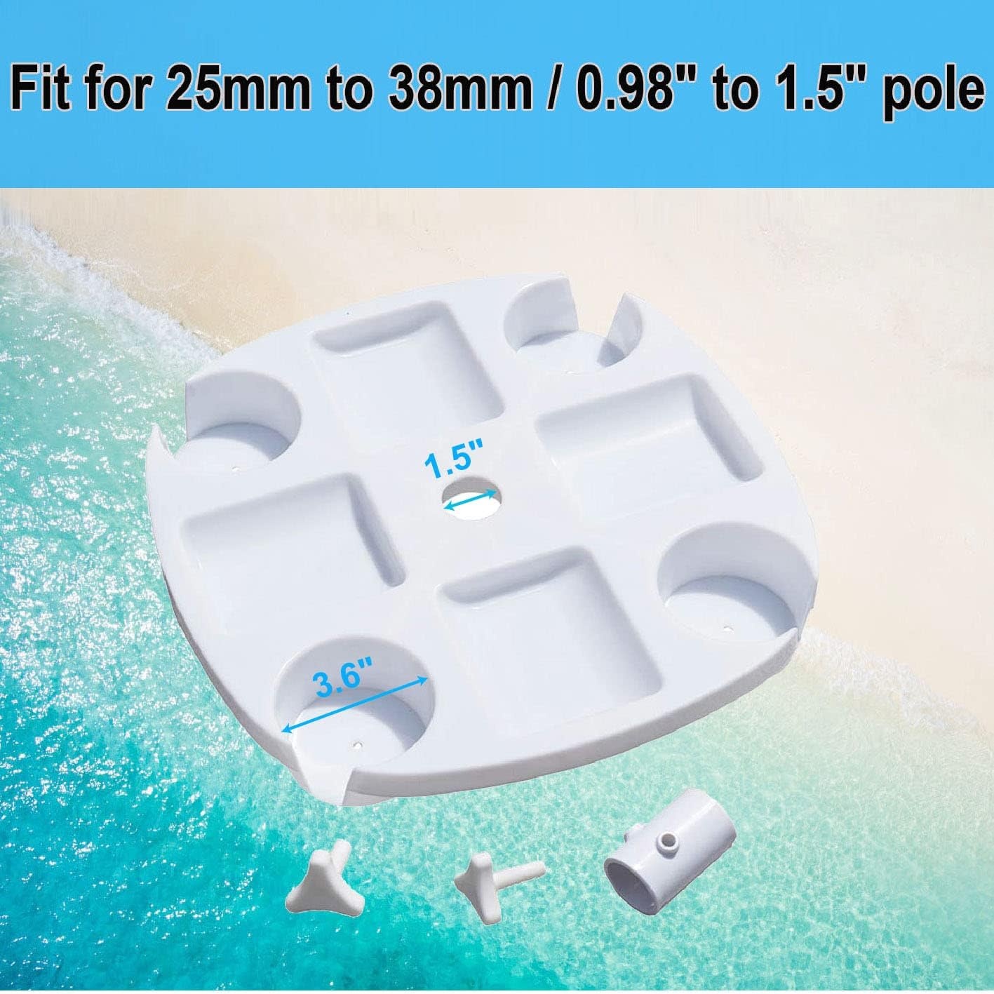 image:imageAMMSUN 17 Portable Beach Umbrella Table Tray Attachment White with 4 Cup Drinks Holders 4 Snack Compartments for Beach Patio Garden Swimming Pool 17 Inch