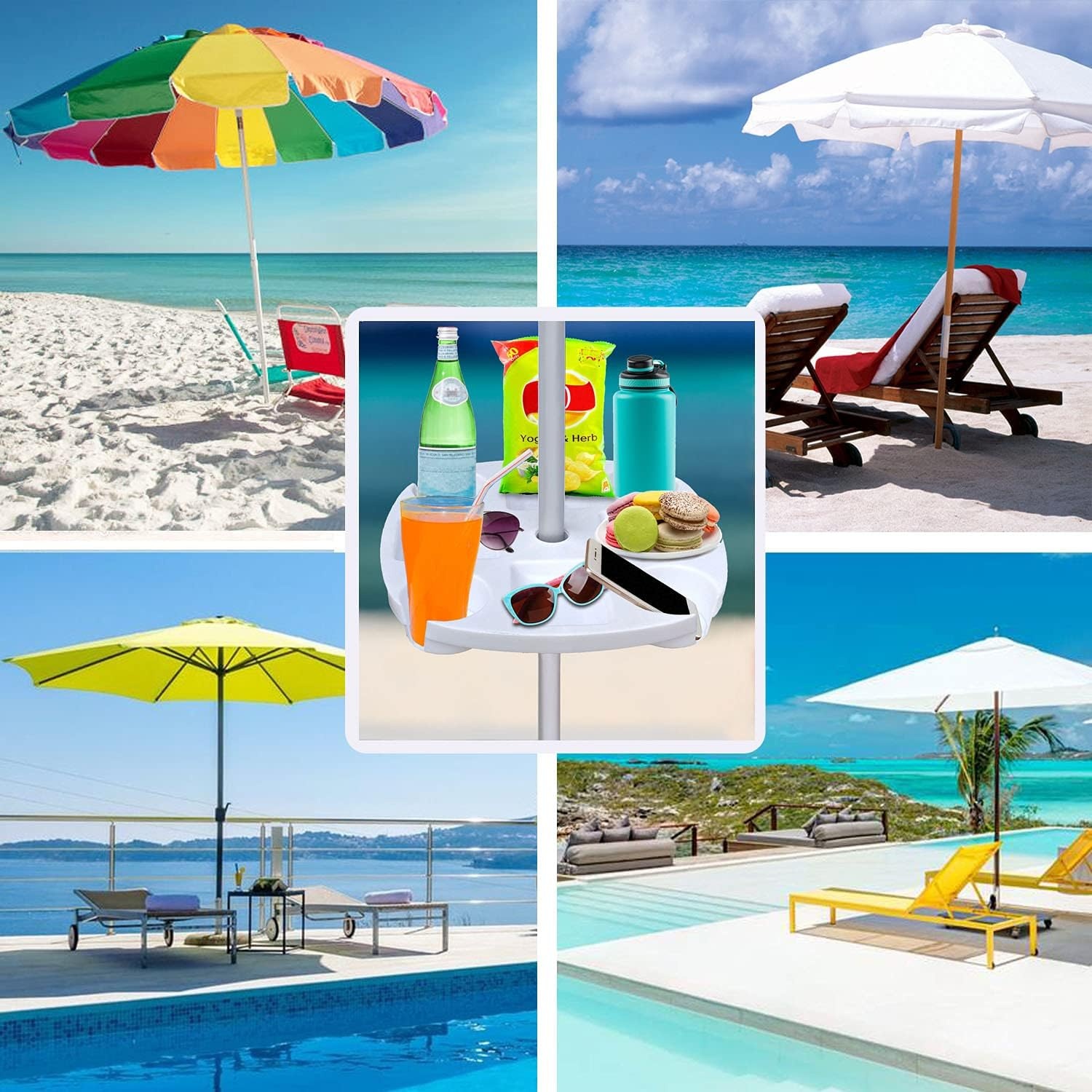 image:imageAMMSUN 17 Portable Beach Umbrella Table Tray Attachment White with 4 Cup Drinks Holders 4 Snack Compartments for Beach Patio Garden Swimming Pool 17 Inch