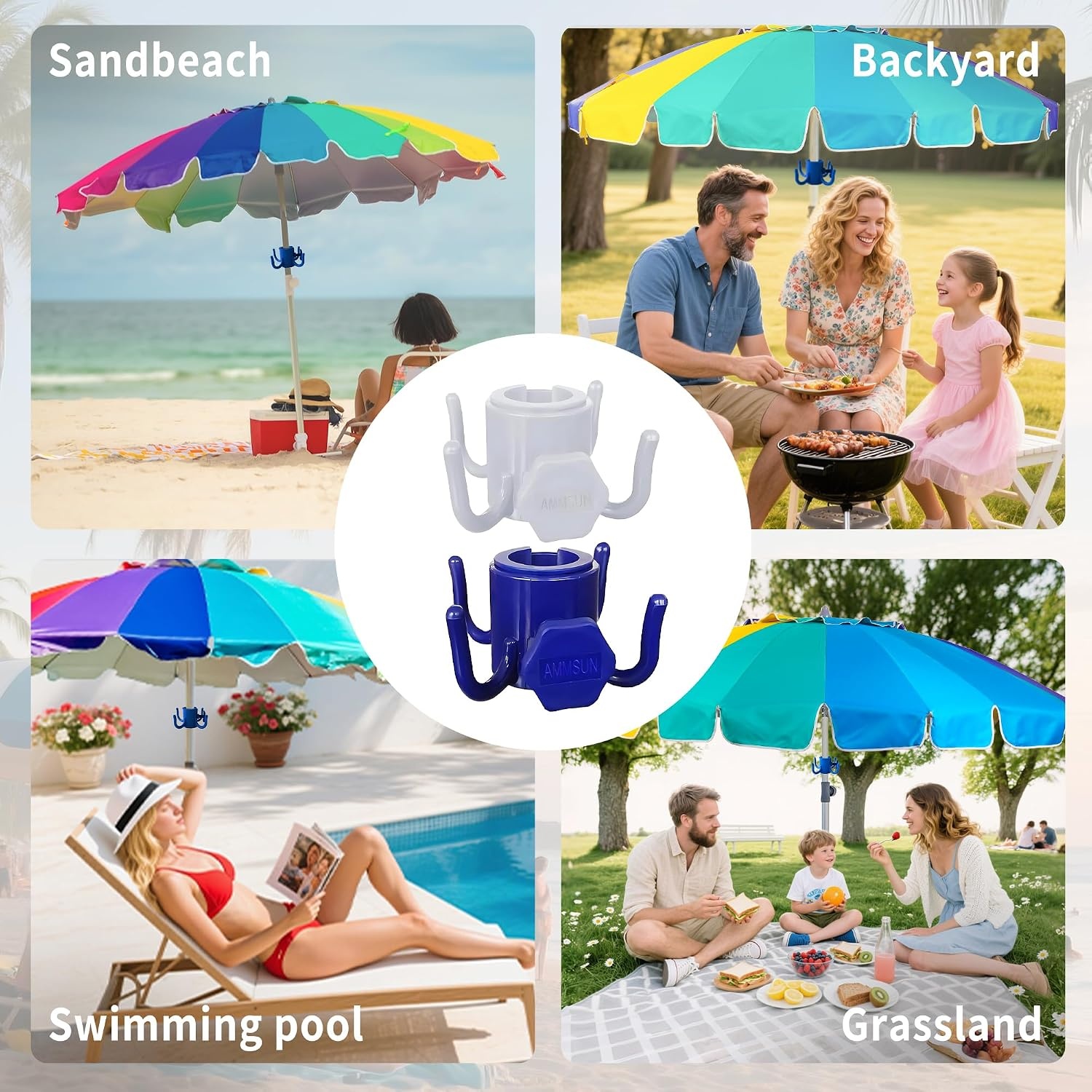 image:imageAMMSUN Beach Umbrella Hanging HookBeach AccessoriesBlue 4prongs Plastic Umbrella Hook Hanging for Towels HatsClothesCameraSunglasses BagsFit for BeachCamping TripsBlueWhite