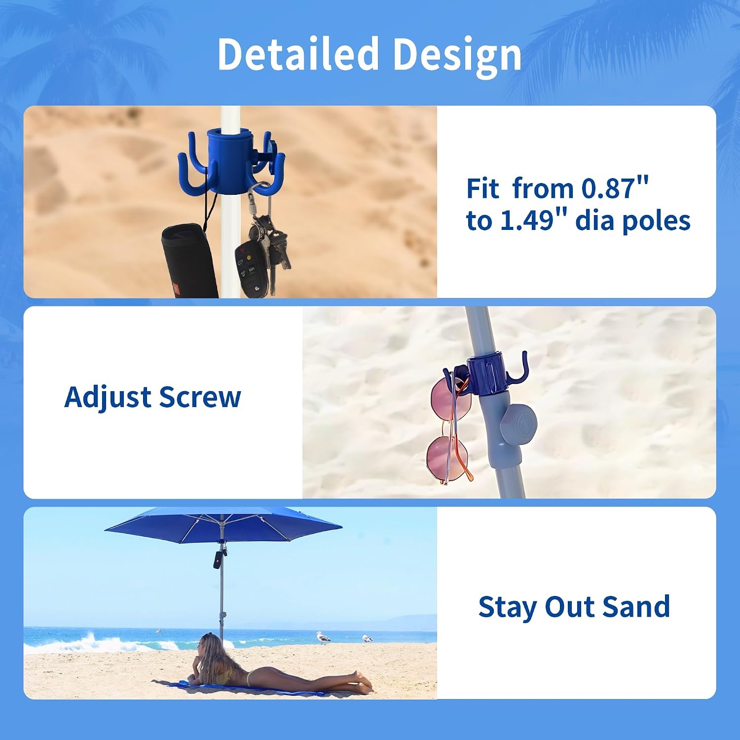 image:imageAMMSUN Beach Umbrella Hanging HookBeach AccessoriesBlue 4prongs Plastic Umbrella Hook Hanging for Towels HatsClothesCameraSunglasses BagsFit for BeachCamping TripsBlueWhite