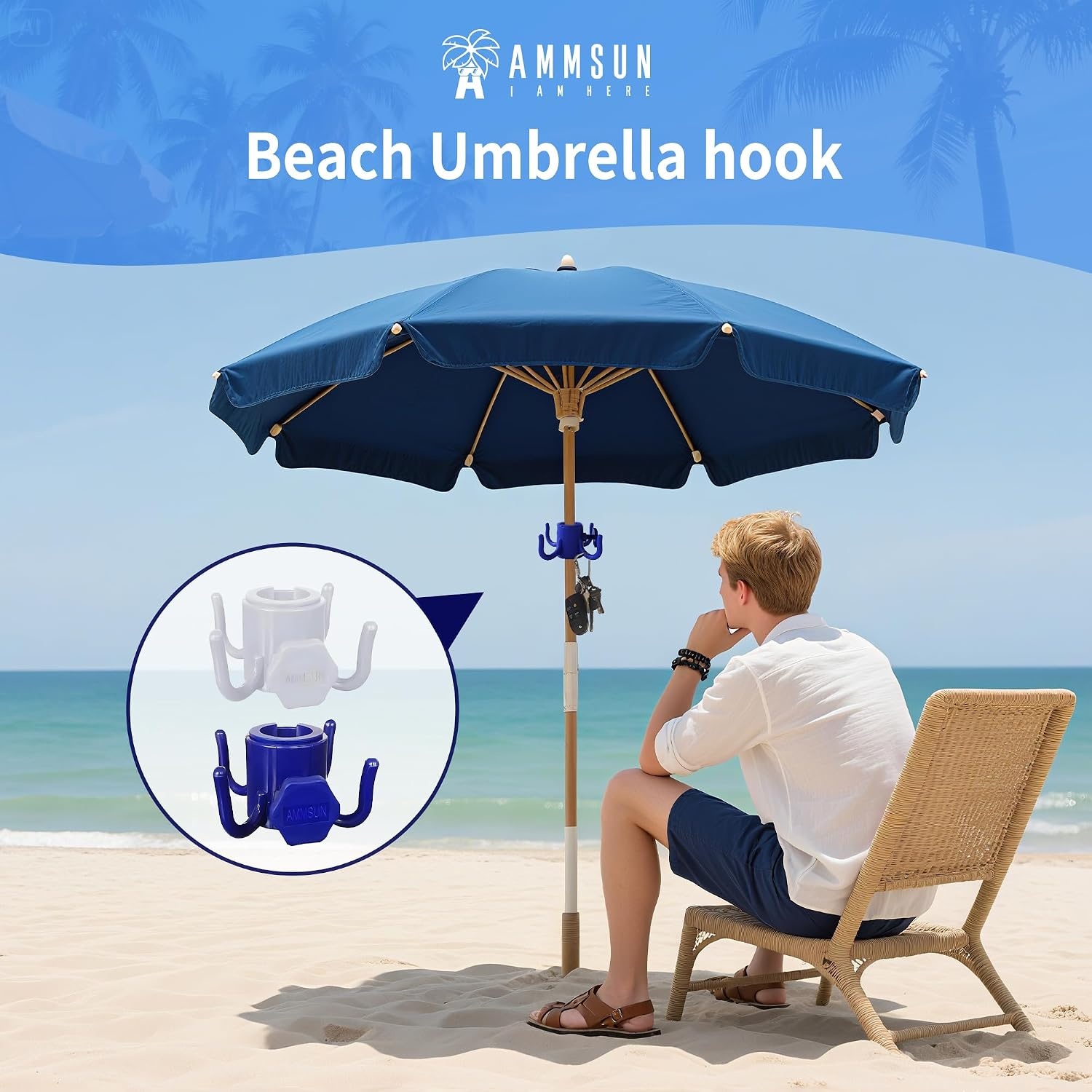 image:imageAMMSUN Beach Umbrella Hanging HookBeach AccessoriesBlue 4prongs Plastic Umbrella Hook Hanging for Towels HatsClothesCameraSunglasses BagsFit for BeachCamping TripsBlueWhite