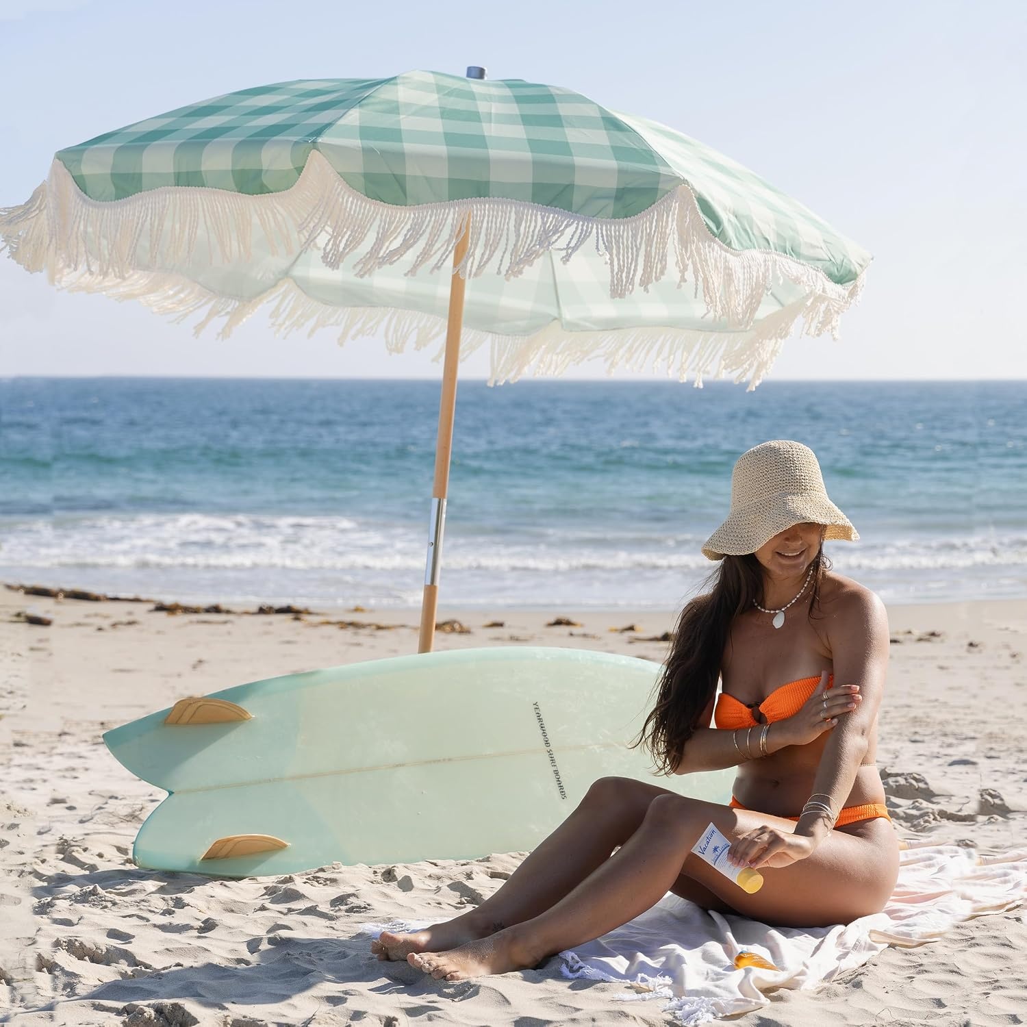 image:imageAMMSUN Beach Umbrella with Fringe 65ft Boho Umbrella with Premium Wood Pole amp Carry Bag UPF 50 Protection for Outdoor Holiday FlowersGreen Plaid