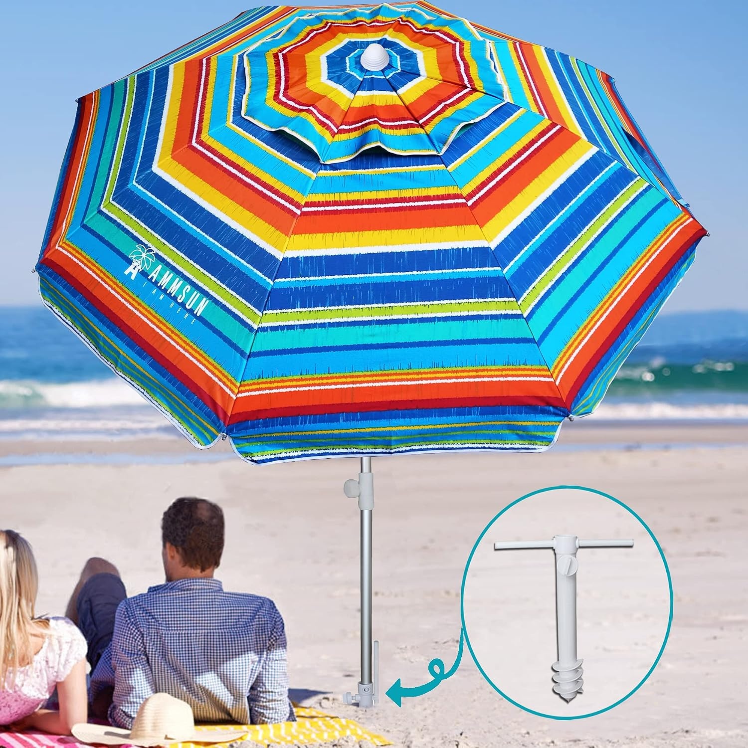 image:imageAMMSUN Beach Umbrellas for Sand Heavy Duty Wind Portable 65ft Sand Anchor UV 50 Protection Includes Carry Bag Push Button Tilt Lightweight Easy SetupActive Sunfire