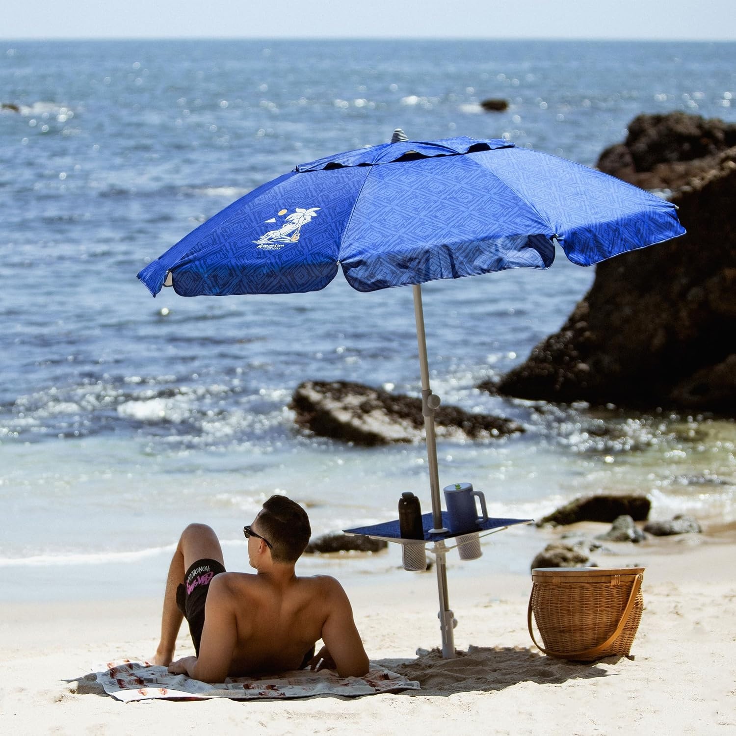 image:imageAMMSUN Beach Umbrellas for Sand Heavy Duty Wind Portable 65ft Sand Anchor UV 50 Protection Includes Carry Bag Push Button Tilt Lightweight Easy SetupBlue Paint