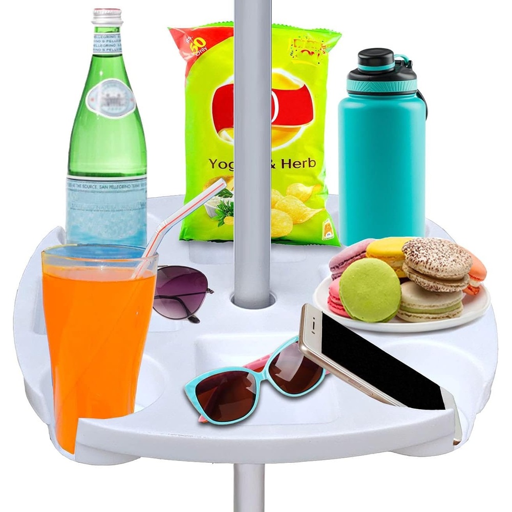 image:imageAMMSUN 17 Portable Beach Umbrella Table Tray Attachment White  with 4 Cup Drinks Holders 4 Snack Compartments for Beach Patio Garden Swimming Pool 17 Inch