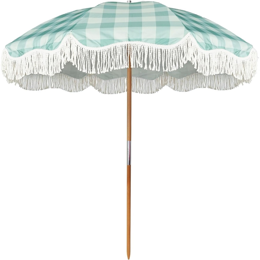 image:imageAMMSUN Beach Umbrella with Fringe 65ft Boho Umbrella with Premium Wood Pole amp Carry Bag UPF 50 Protection for Outdoor Holiday FlowersGreen Plaid