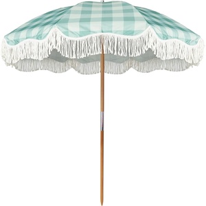 AMMSUN Beach Umbrella with Fringe, 6.5ft Boho Umbrella with Premium Wood Pole & Carry Bag, UPF 50+ Protection for Outdoor Holiday, Flowers(Green Plaid)