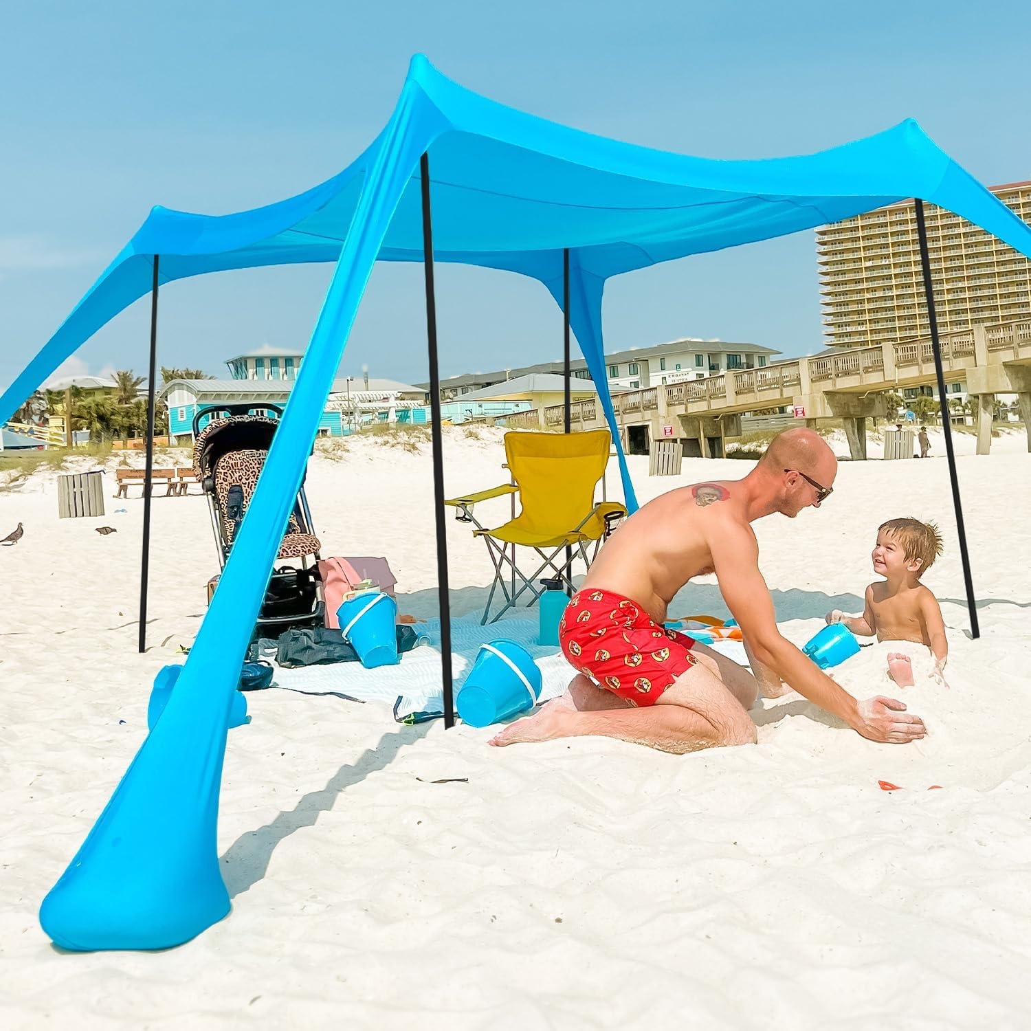 image:imageAMMSUN Beach Tent Portable Beach Canopy11x11 Sun Shelter Easy SetupWindproofHighly Stable11x 11 ft Lycra Sun Shade with UPF50 Protection 4 Poles for Family at The Camping Beach amp Outdoor