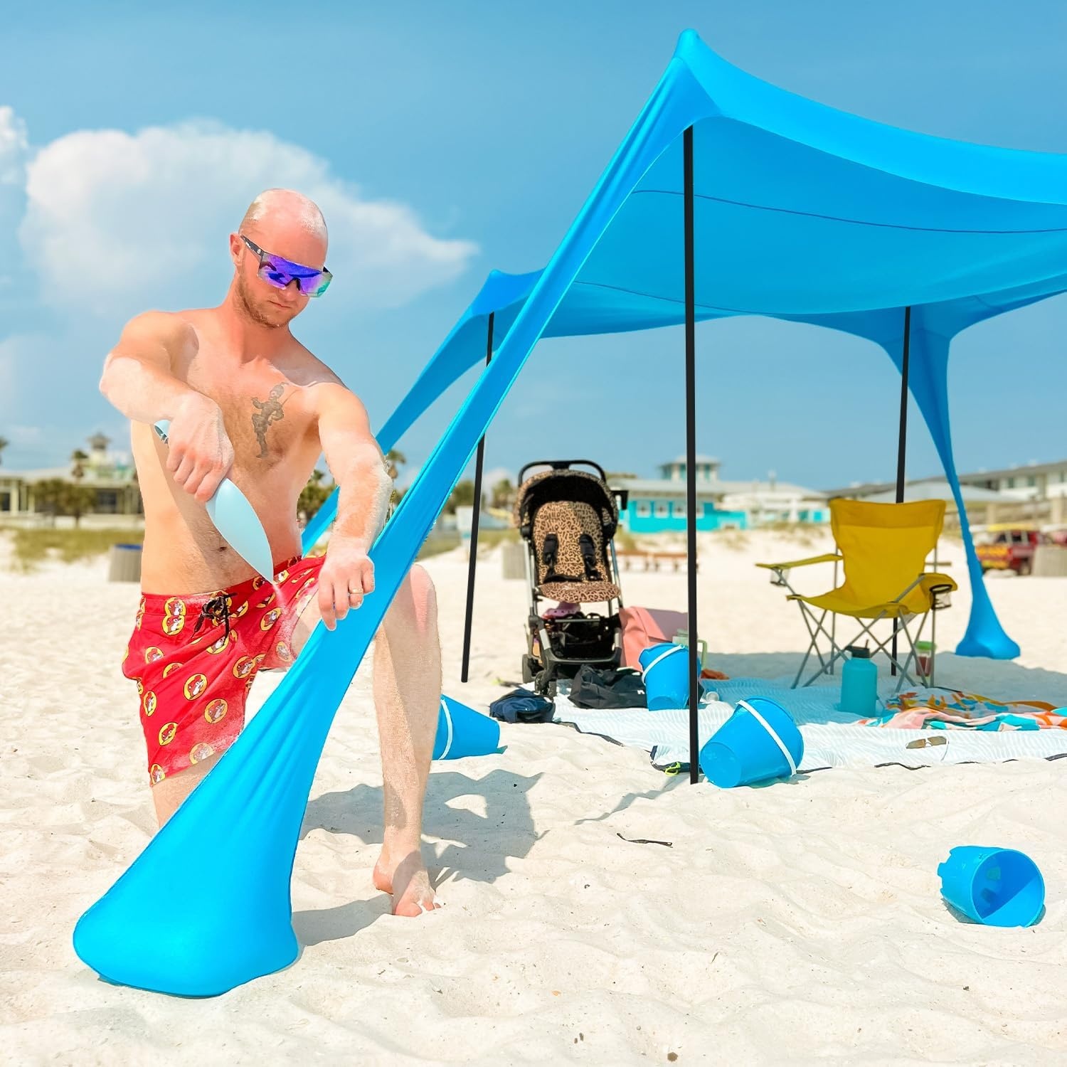 image:imageAMMSUN Beach Tent Portable Beach Canopy11x11 Sun Shelter Easy SetupWindproofHighly Stable11x 11 ft Lycra Sun Shade with UPF50 Protection 4 Poles for Family at The Camping Beach amp Outdoor