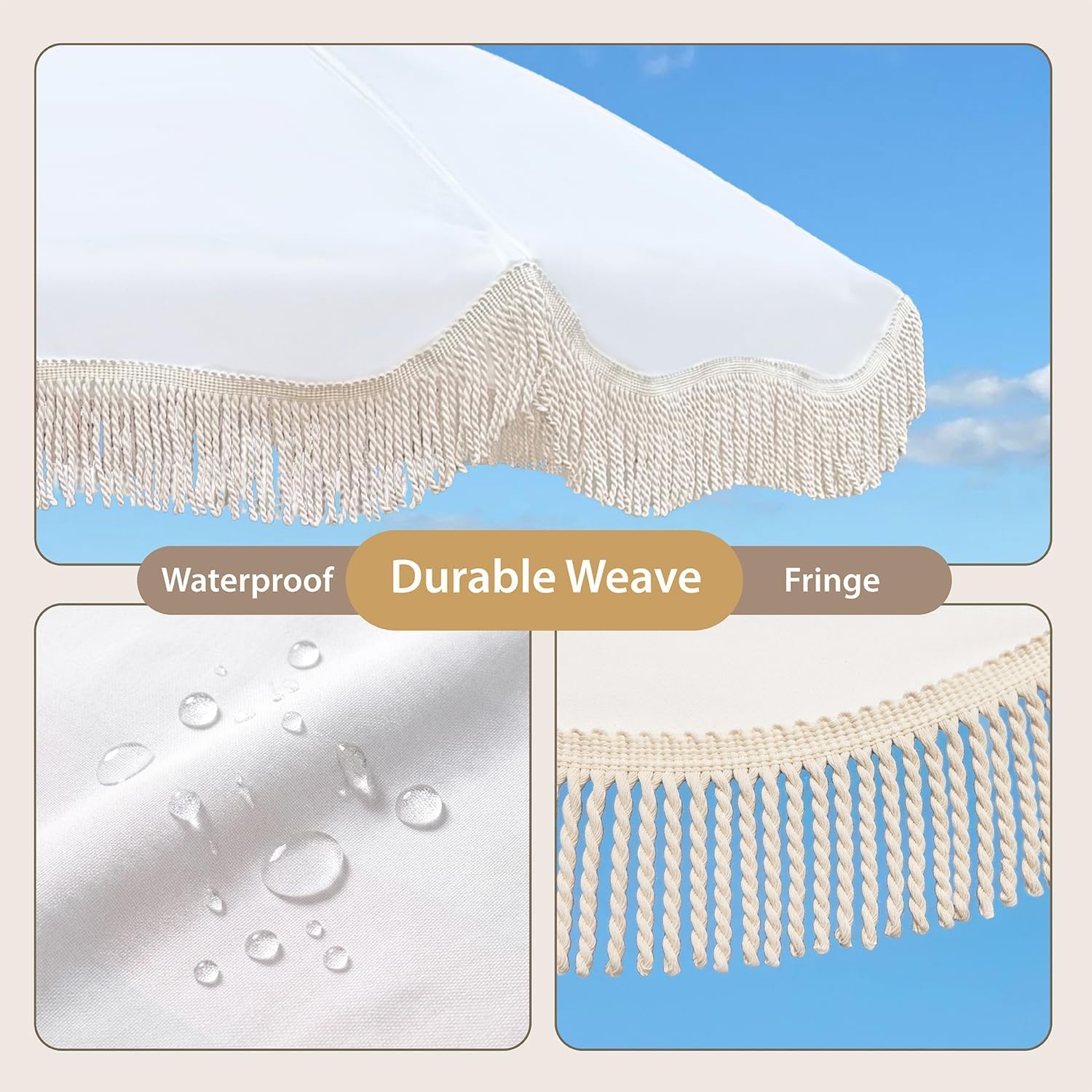 image:imageAMMSUN Boho Fringe Umbrella 65ft Canvas UmbrellaAntique White